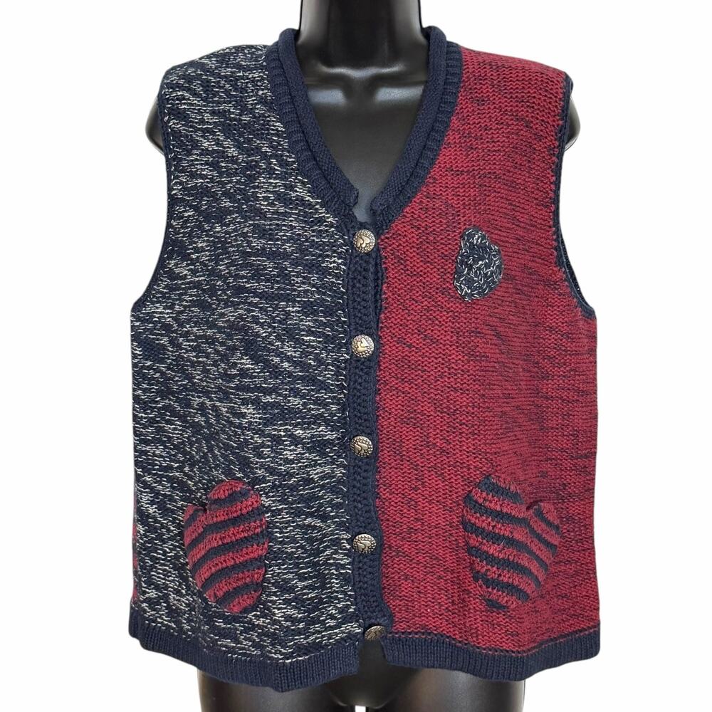 Vtg 90s Christopher Banks Colorblock Knit Vest Heart Pockets Ramie M Cottagecore